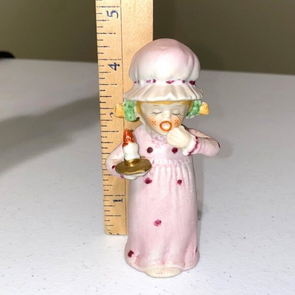Vintage Christmas Home Decor Yawning Sleepy Girl with Candle Porcelain Figurine - Picture 2 of 5